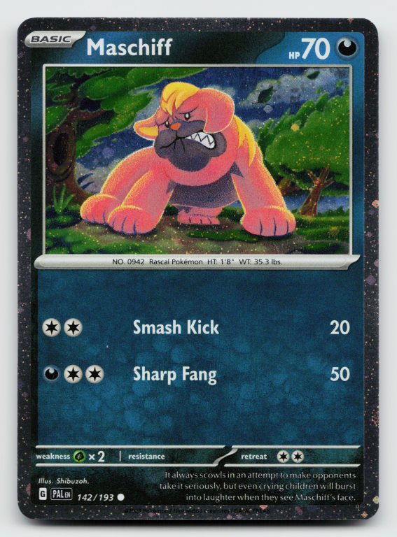 Pokémon card: Maschiff Common (Cosmos Holofoil Promo) 142/193 from Paldea Evolved (Common), front of card