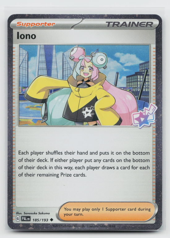 Pokémon card: Iono Uncommon (Stamped Cosmos Holofoil Promo) 185/193 from Paldea Evolved (Uncommon), front of card