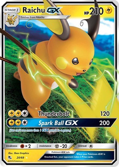 Pokémon card: Raichu GX 020/068 from Hidden Fates (Ultra Rare), Lightning type, front of card