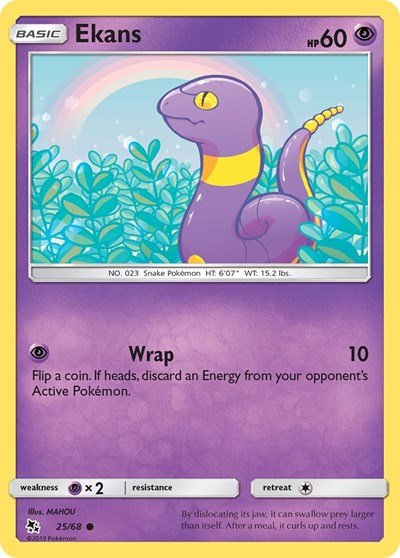Pokémon card: Ekans 025/068 from Hidden Fates (Common), Psychic type, front of card