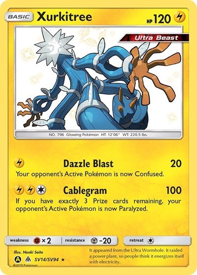 Pokémon card: Xurkitree SV14/SV94 from Hidden Fates Shiny Vault (Shiny Holo Rare), Lightning type, front of card