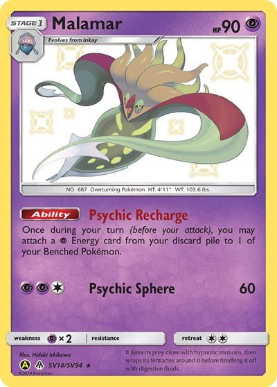Pokémon card: Malamar SV18/SV94 from Hidden Fates Shiny Vault (Shiny Holo Rare), Psychic type, front of card