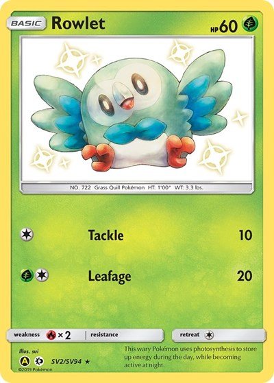 Pokémon card: Rowlet SV2/SV94 from Hidden Fates Shiny Vault (Shiny Holo Rare), Grass type, front of card