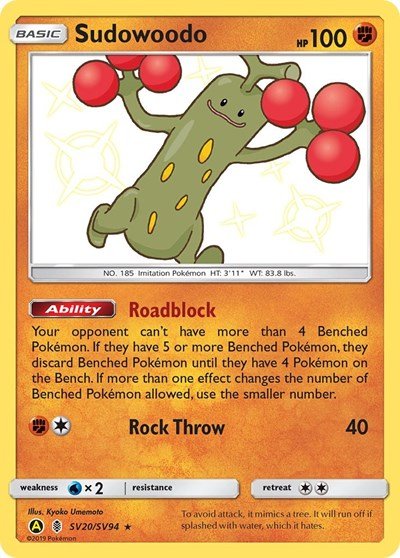 Pokémon card: Sudowoodo SV20/SV94 from Hidden Fates Shiny Vault (Shiny Holo Rare), Fighting type, front of card
