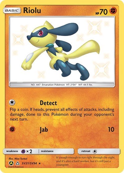Pokémon card: Riolu SV21/SV94 from Hidden Fates Shiny Vault (Shiny Holo Rare), Fighting type, front of card
