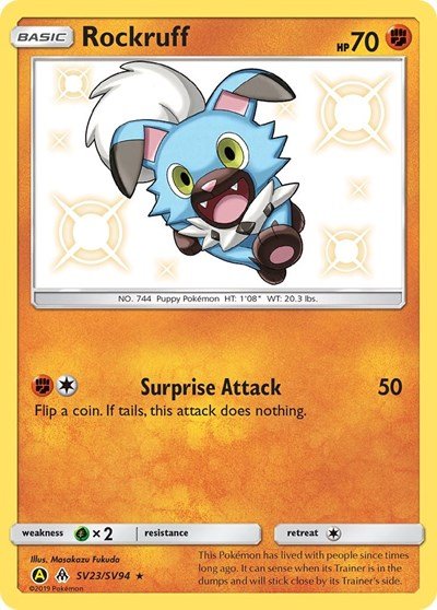 Pokémon card: Rockruff SV23/SV94 from Hidden Fates Shiny Vault (Shiny Holo Rare), Fighting type, front of card