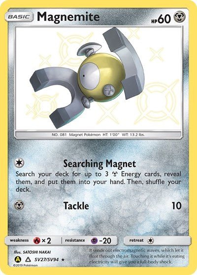 Pokémon card: Magnemite SV27/SV94 from Hidden Fates Shiny Vault (Shiny Holo Rare), Metal type, front of card
