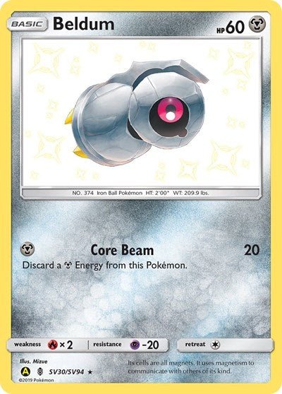 Pokémon card: Beldum SV30/SV94 from Hidden Fates Shiny Vault (Shiny Holo Rare), Metal type, front of card