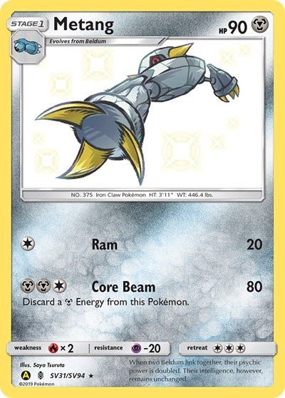 Pokémon card: Metang SV31/SV94 from Hidden Fates Shiny Vault (Shiny Holo Rare), Metal type, front of card
