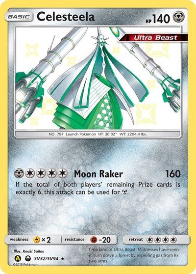 Pokémon card: Celesteela SV32/SV94 from Hidden Fates Shiny Vault (Shiny Holo Rare), Metal type, front of card
