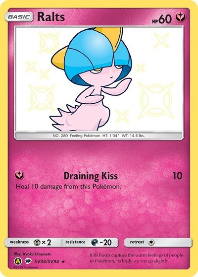 Pokémon card: Ralts SV34/SV94 from Hidden Fates Shiny Vault (Shiny Holo Rare), Fairy type, front of card