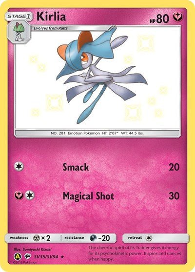 Pokémon card: Kirlia SV35/SV94 from Hidden Fates Shiny Vault (Shiny Holo Rare), Fairy type, front of card
