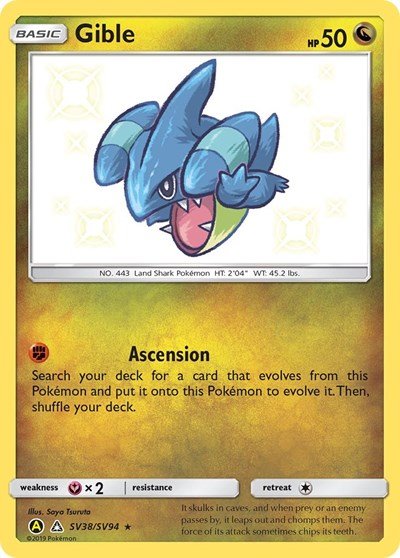 Pokémon card: Gible SV38/SV94 from Hidden Fates Shiny Vault (Shiny Holo Rare), Dragon type, front of card