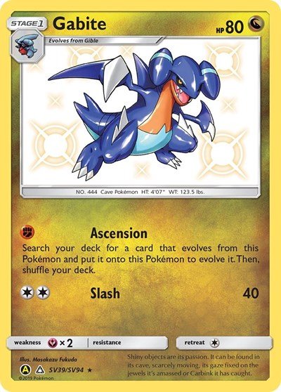 Pokémon card: Gabite SV39/SV94 from Hidden Fates Shiny Vault (Shiny Holo Rare), Dragon type, front of card