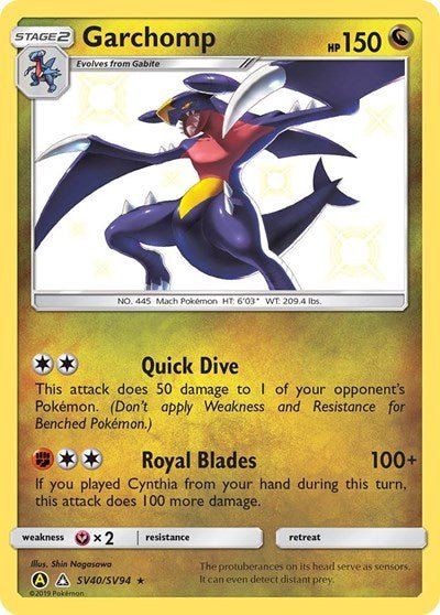 Pokémon card: Garchomp SV40/SV94 from Hidden Fates Shiny Vault (Shiny Holo Rare), Dragon type, front of card
