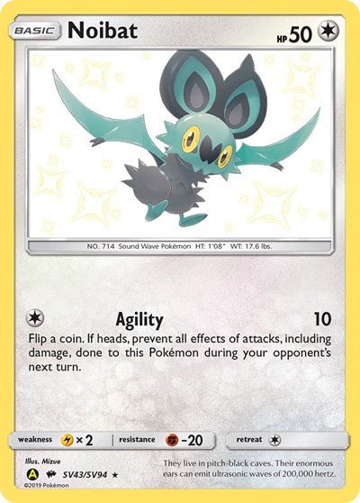 Pokémon card: Noibat SV43/SV94 from Hidden Fates Shiny Vault (Shiny Holo Rare), Colorless type, front of card
