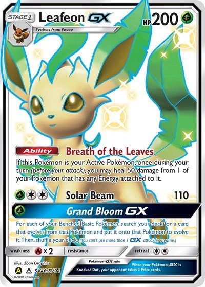 Pokémon card: Leafeon GX SV46/SV94 from Hidden Fates Shiny Vault (Shiny Holo Rare), Grass type, front of card