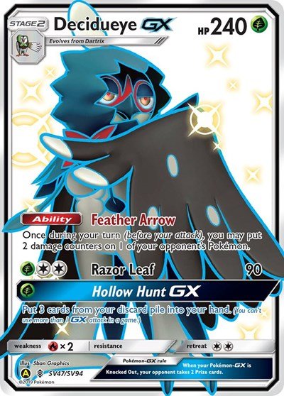 Pokémon card: Decidueye GX SV47/SV94 from Hidden Fates Shiny Vault (Shiny Holo Rare), Grass type, front of card