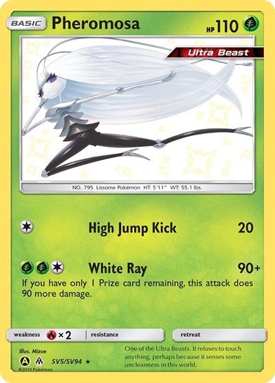 Pokémon card: Pheromosa SV5/SV94 from Hidden Fates Shiny Vault (Shiny Holo Rare), Grass type, front of card