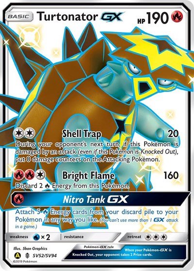 Pokémon card: Turtonator GX SV52/SV94 from Hidden Fates Shiny Vault (Shiny Holo Rare), Fire type, front of card