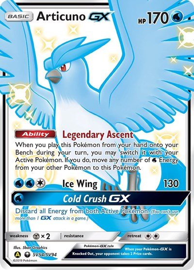 Pokémon card: Articuno GX SV54/SV94 from Hidden Fates Shiny Vault (Shiny Holo Rare), Water type, front of card
