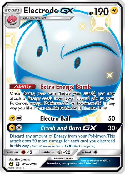 Pokémon card: Electrode GX SV57/SV94 from Hidden Fates Shiny Vault (Shiny Holo Rare), Lightning type, front of card