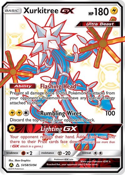 Pokémon card: Xurkitree GX SV58/SV94 from Hidden Fates Shiny Vault (Shiny Holo Rare), Lightning type, front of card