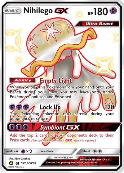Pokémon card: Nihilego GX SV62/SV94 from Hidden Fates Shiny Vault (Shiny Holo Rare), Psychic type, front of card