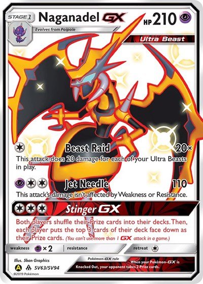 Pokémon card: Naganadel GX SV63/SV94 from Hidden Fates Shiny Vault (Shiny Holo Rare), Psychic type, front of card
