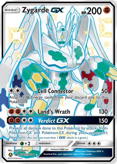 Pokémon card: Zygarde GX SV65/SV94 from Hidden Fates Shiny Vault (Shiny Holo Rare), Fighting type, front of card