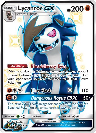 Pokémon card: Lycanroc GX (SV66) SV66/SV94 from Hidden Fates Shiny Vault (Shiny Holo Rare), Fighting type, front of card