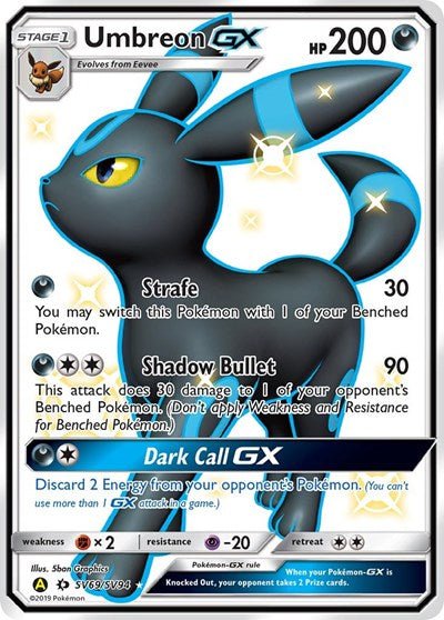 Pokémon card: Umbreon GX SV69/SV94 from Hidden Fates Shiny Vault (Shiny Holo Rare), Darkness type, front of card