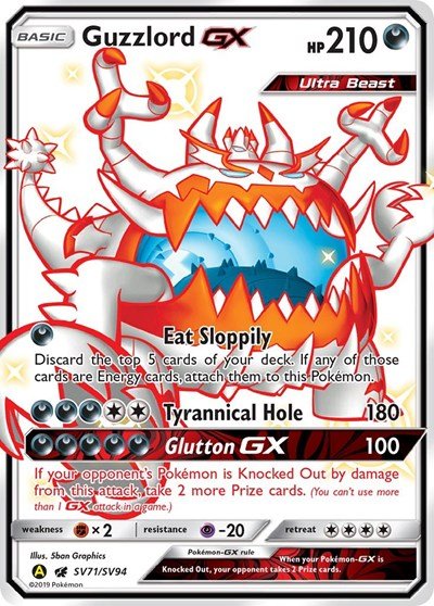 Pokémon card: Guzzlord GX SV71/SV94 from Hidden Fates Shiny Vault (Shiny Holo Rare), Darkness type, front of card