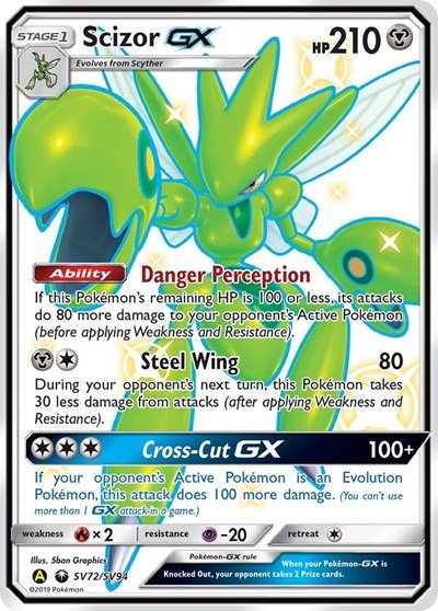Pokémon card: Scizor GX SV72/SV94 from Hidden Fates Shiny Vault (Shiny Holo Rare), Metal type, front of card
