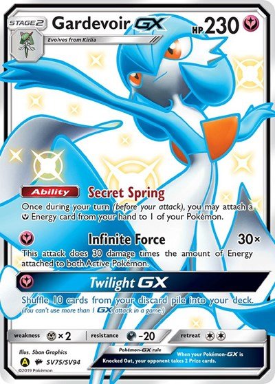 Pokémon card: Gardevoir GX SV75/SV94 from Hidden Fates Shiny Vault (Shiny Holo Rare), Fairy type, front of card