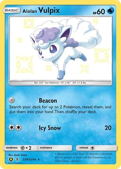 Pokémon card: Alolan Vulpix SV8/SV94 from Hidden Fates Shiny Vault (Shiny Holo Rare), Water type, front of card