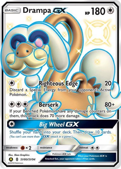 Pokémon card: Drampa GX SV80/SV94 from Hidden Fates Shiny Vault (Shiny Holo Rare), Colorless type, front of card