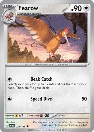Pokémon card: Fearow 022/165 from 151 (SV2a) (Uncommon), Colorless type, front of card