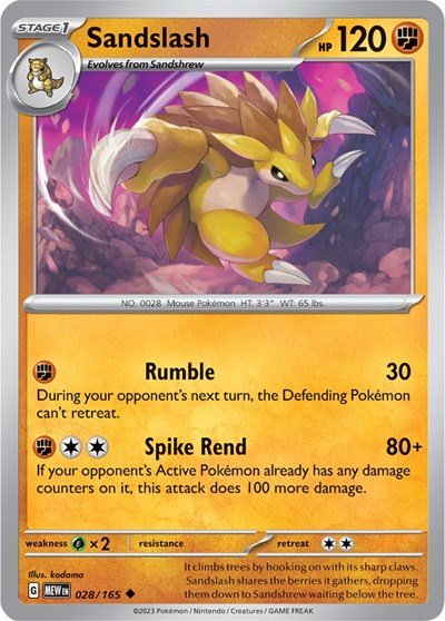 Pokémon card: Sandslash 028/165 from 151 (SV2a) (Uncommon), Fighting type, front of card