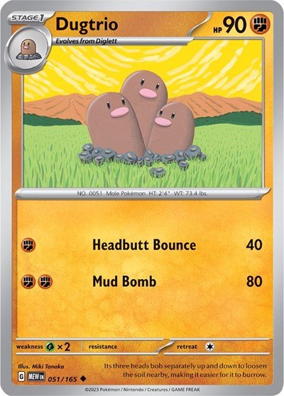 Pokémon card: Dugtrio 051/165 from 151 (SV2a) (Uncommon), Fighting type, front of card