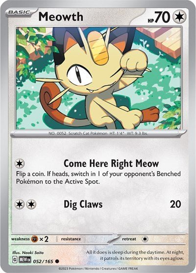 Pokémon card: Meowth 052/165 from 151 (SV2a) (Common), Colorless type, front of card