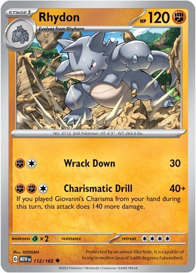 Pokémon card: Rhydon 112/165 from 151 (SV2a) (Uncommon), Fighting type, front of card