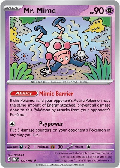 Pokémon card: Mr. Mime 122/165 from 151 (SV2a) (Rare), Psychic type, front of card