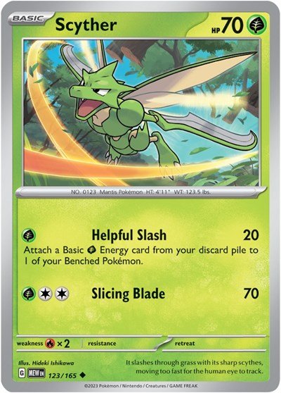 Pokémon card: Scyther 123/165 from 151 (SV2a) (Uncommon), Grass type, front of card