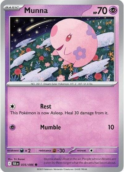 Pokémon card: Munna (Master Ball Pattern) 035/086 from Black Bolt (Common), Psychic type, front of card