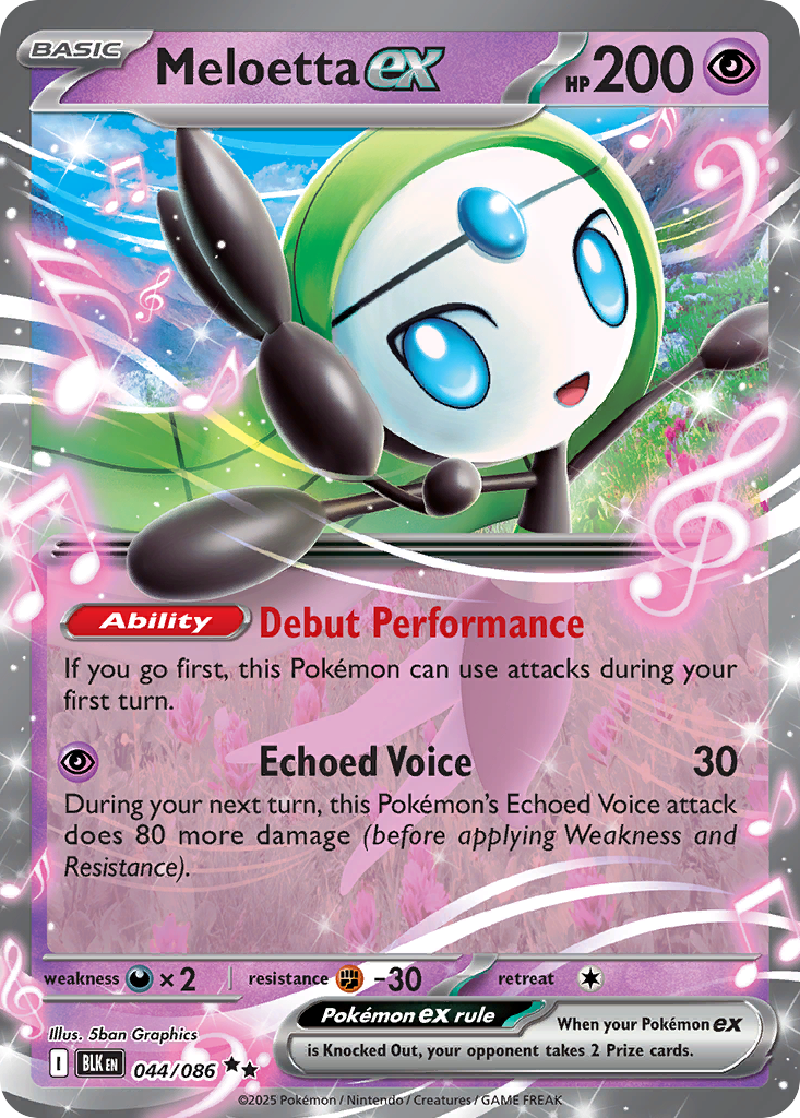 Pokémon card: Meloetta ex 044/086 from Black Bolt (Double Rare), Psychic type, front of card