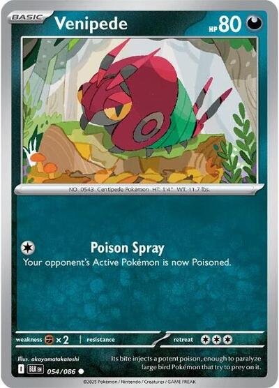 Pokémon card: Venipede (Master Ball Pattern) 054/086 from Black Bolt (Common), Darkness type, front of card