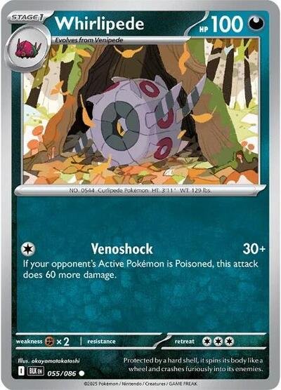 Pokémon card: Whirlipede (Master Ball Pattern) 055/086 from Black Bolt (Common), Darkness type, front of card