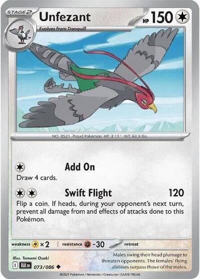 Pokémon card: Unfezant (Master Ball Pattern) 073/086 from Black Bolt (Uncommon), Colorless type, front of card