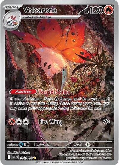 Pokémon card: Volcarona 100/086 from Black Bolt (Illustration Rare), Fire type, front of card
